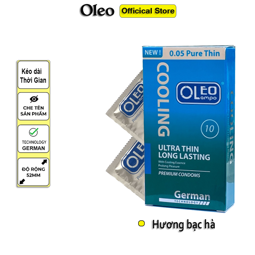Bao cao su Oleo Cooling Ultrathin Long Lasting 10 bao siêu mỏng kéo dài thời gian cho cả nam và nữ.