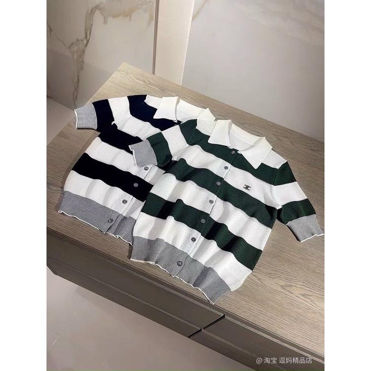 Áo len cổ bẻ kẻ ngang, Áo kiểu cài cúc bo chun ngắn tay co giãn AL9058 - NhiNhi Shop