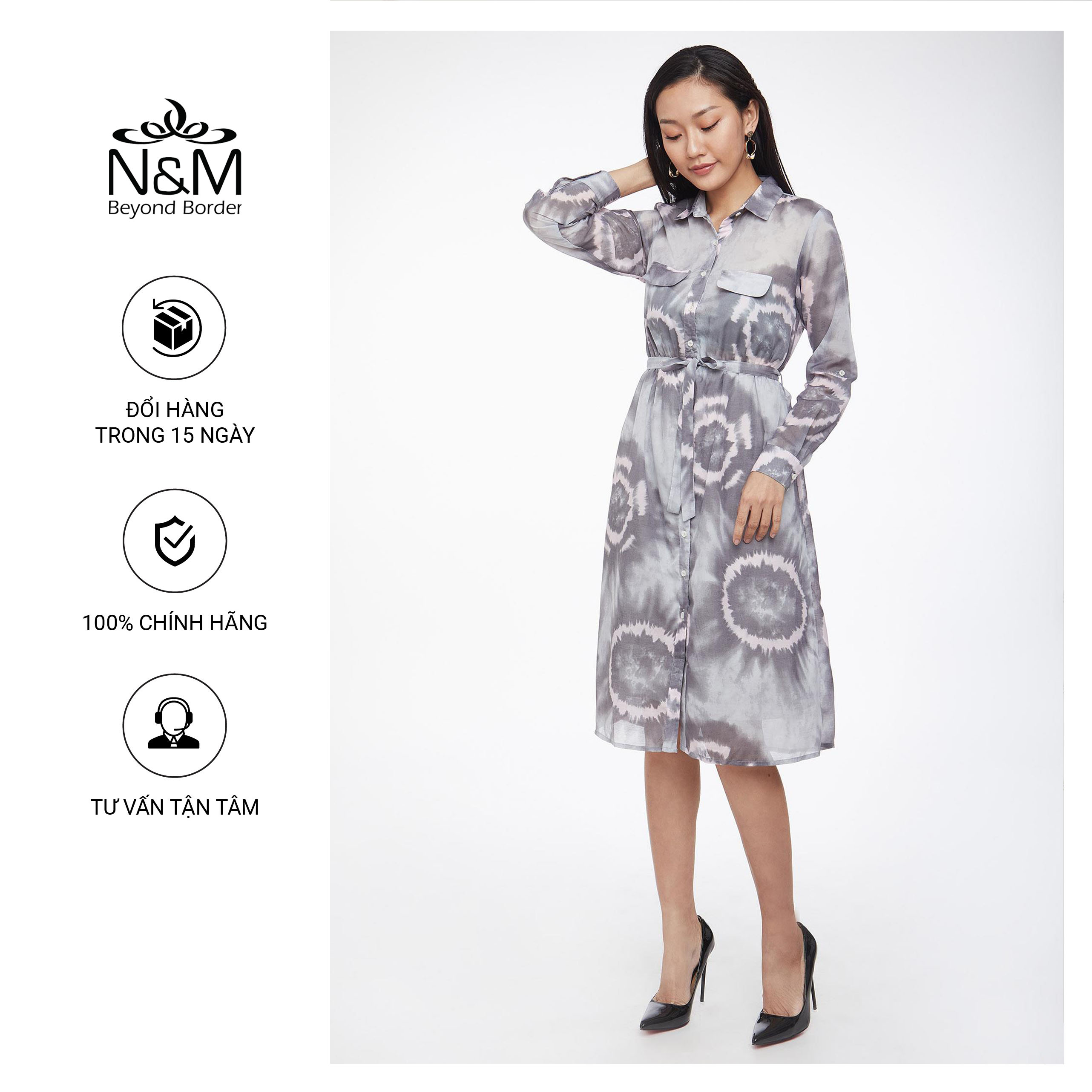 Đầm Nữ tay dài cổ bẻ dáng suông họa tiết nổi bật  N&amp;M mã 1906062
