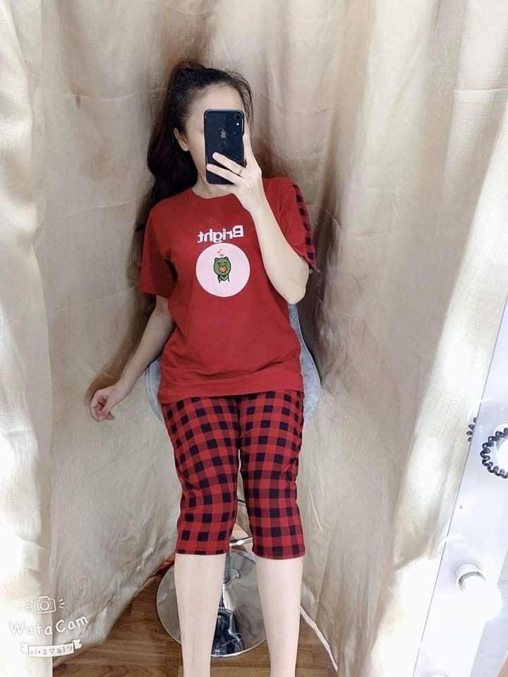 Đồ bộ cotton lửng sọc caro in logo dễ thương