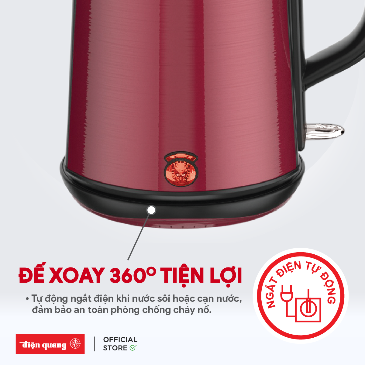 Ấm đun nước cao cấp Điện Quang ĐQ EKT08 1818 (1800W, 1.8L, inox 304, vỏ 3 lớp) - Hàng chính hãng