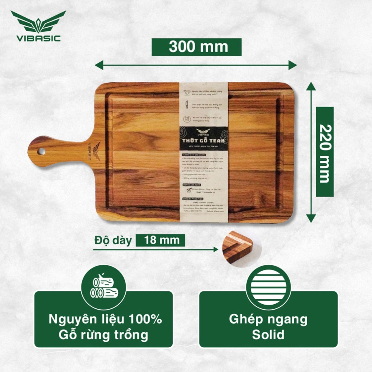 Thớt gỗ Teak Vibasic ghép ngang solid có tay cầm kích thước 300x220x18cm - Hàng chính hãng Bộ Quốc Phòng