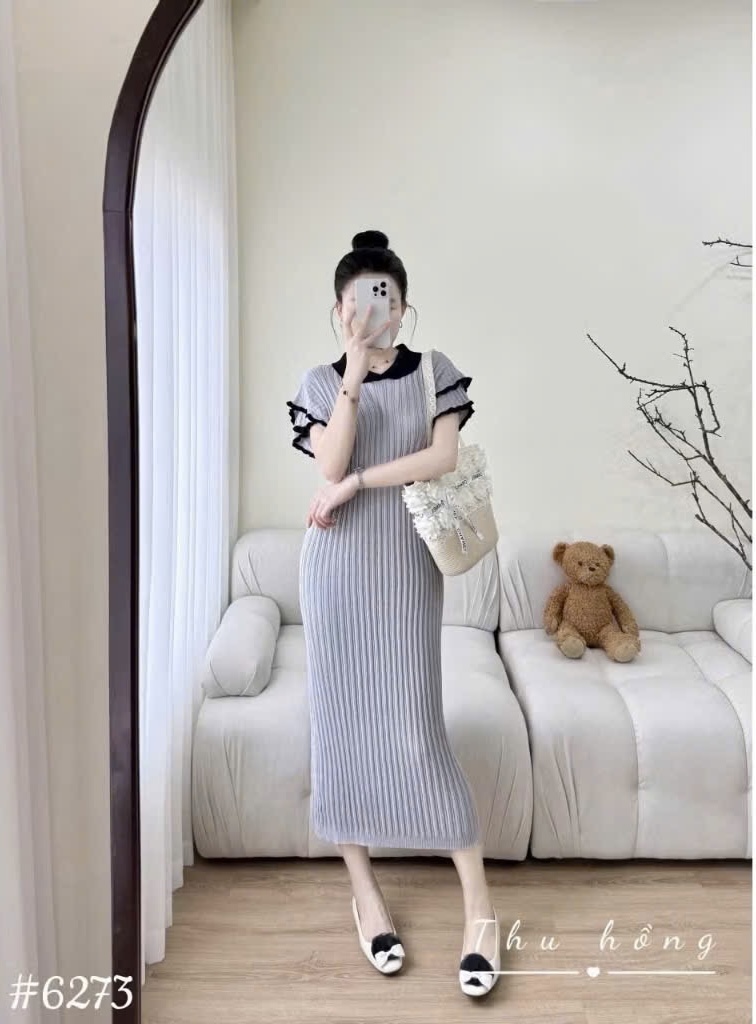 Váy len cổ sen tay bèo co dãn bầu mang được