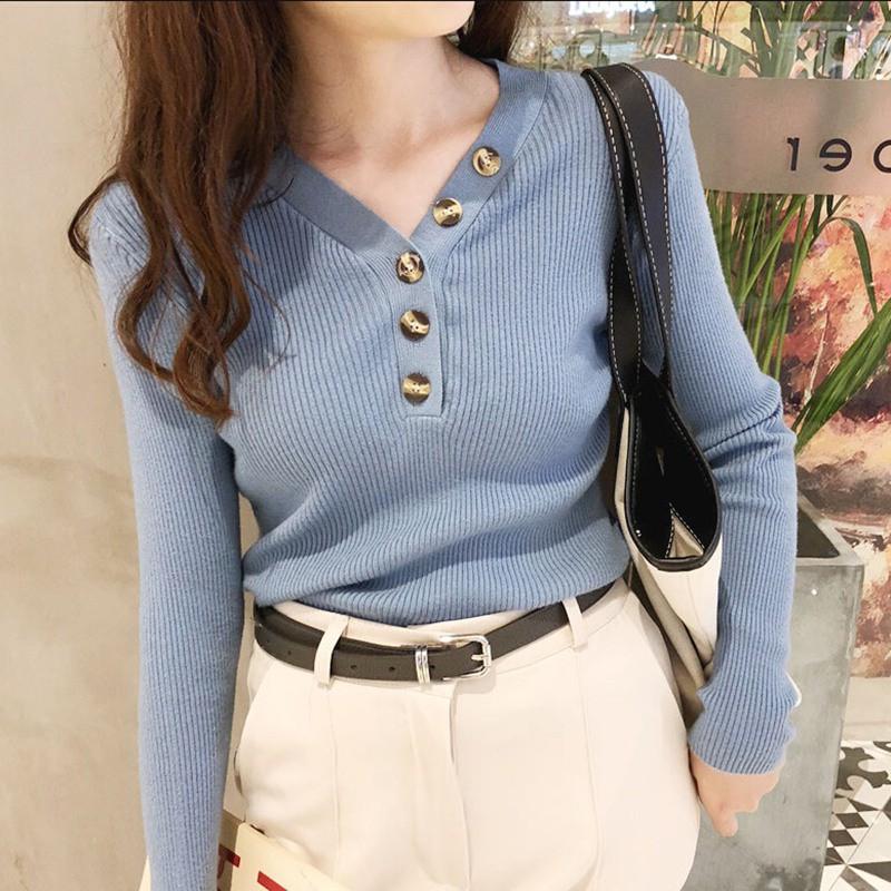 Áo dệt kim nữ tay dài cổ chữ V dáng ôm