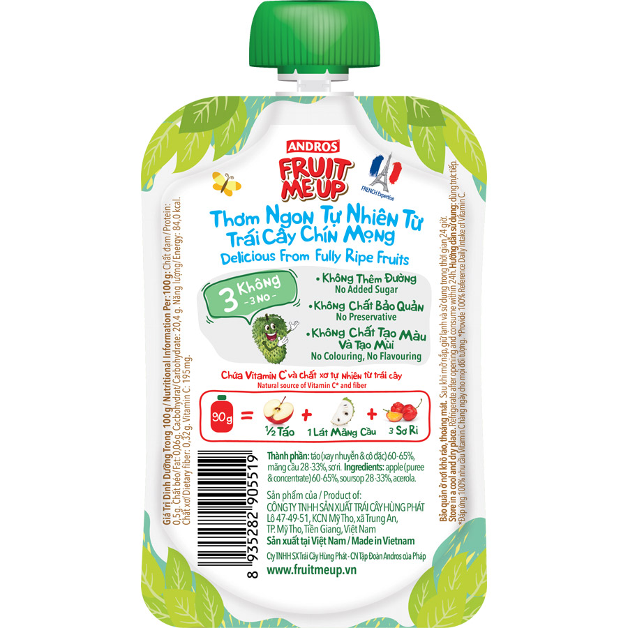 Trái Cây Xay Nhuyễn Nguyên Chất Andros Fruit Me Up  - Mãng Cầu Táo - Hộp 4 Túi (90g x 4)