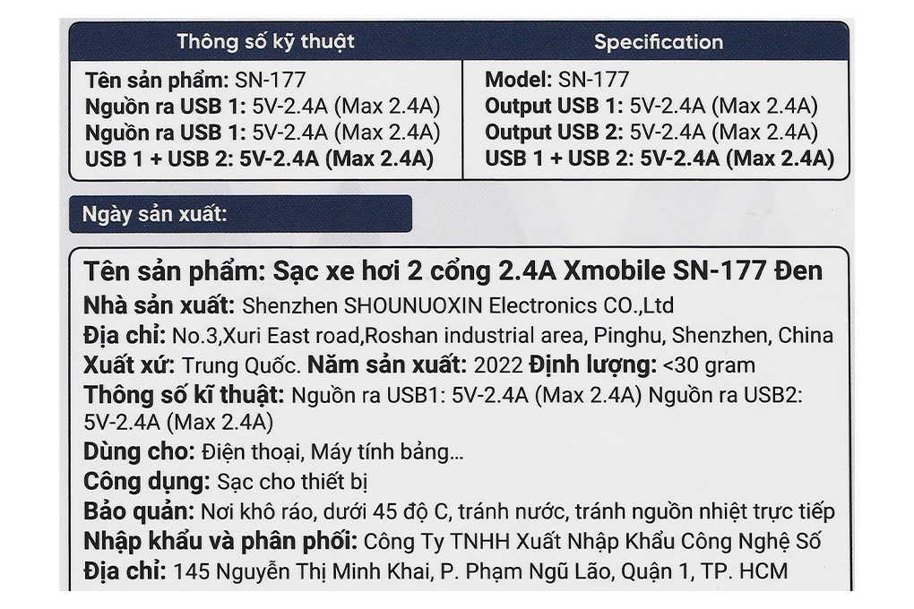 Sạc xe hơi 2 cổng 2.4A Xmobile SN-177 Đen - Hàng Chính Hãng