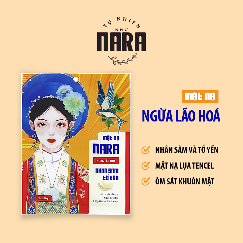 COMBO 5 mặt nạ NARA NGỪA LÃO HOÁ chiết xuất nhân sâm - tổ yến và 1 bông tẩy trang NARA 160 miếng