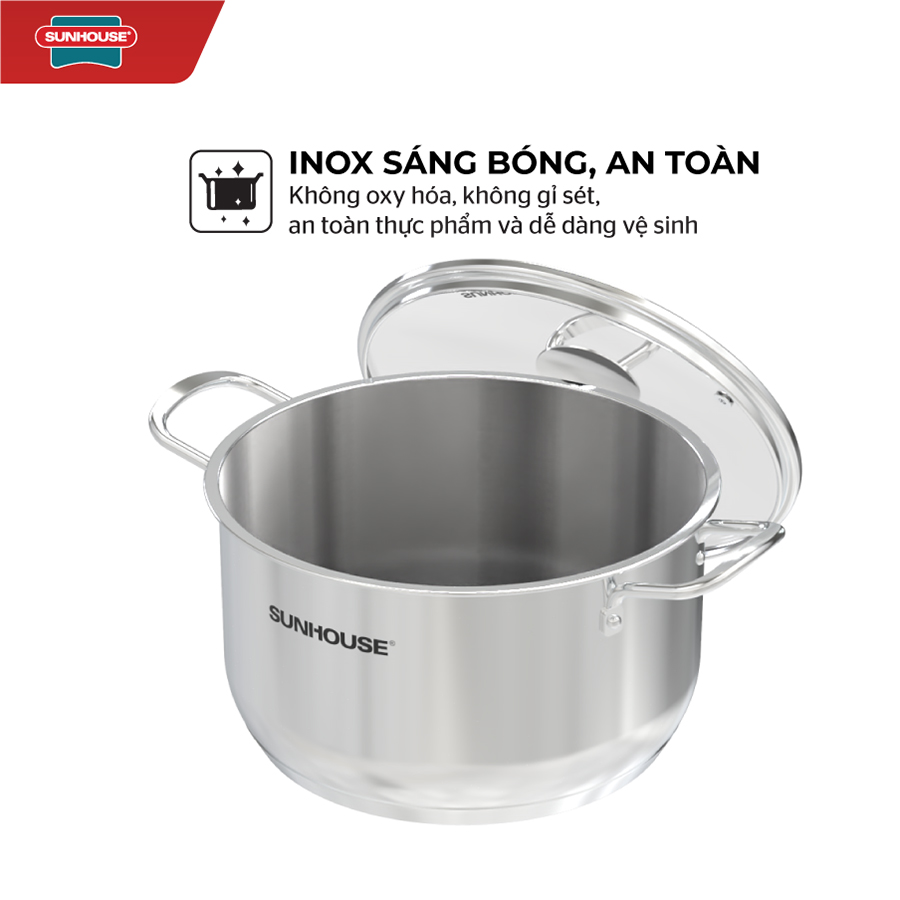 Bộ nồi chảo inox cao cấp 5 món Easy Cook Sunhouse SHG996E gồm 2 nồi (20cm, 24cm), 1 chảo 24cm , 1 quánh 24cm , 1 xửng hấp 16cm - Dùng trên mọi loại bếp - Hàng chính hãng