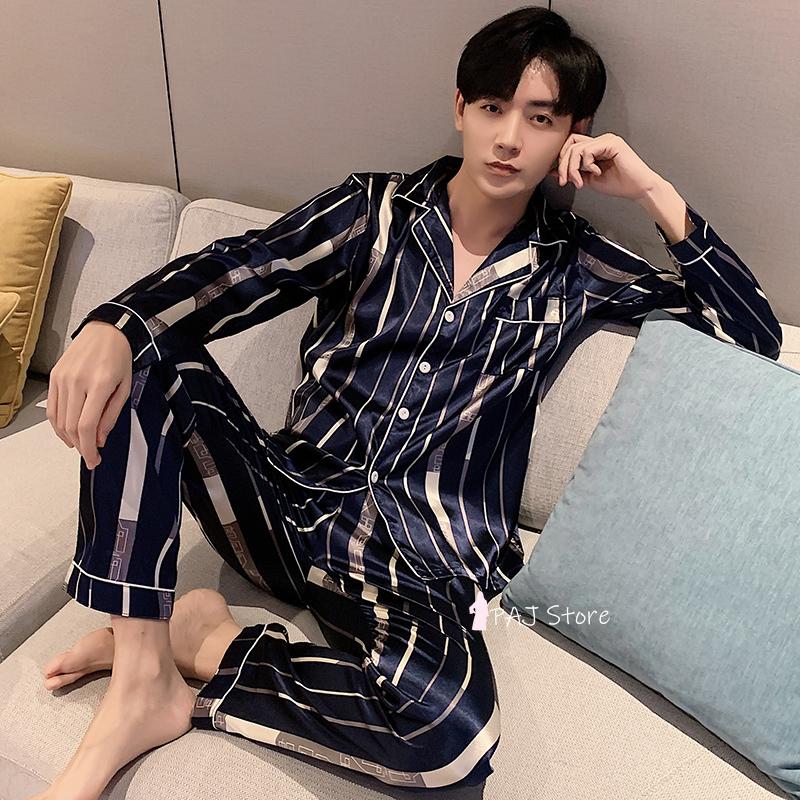 Bộ Đồ Ngủ Nam Dài Tay 4XL 5XL Satin LỤA Đen Bộ Đồ Ngủ Set 2021 Mới Nhà Thu Pijamas Phòng Chờ Khi Mặc áo Váy Ngủ