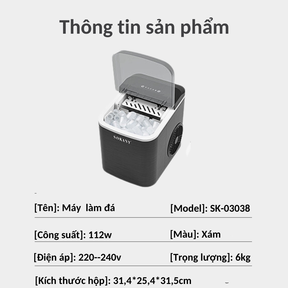 Máy làm đá tự động gia đình SOKANY làm đá nhanh trong vài phút, tiện dụng tiết kiệm điện - SK03038 - HÀNG CHÍNH HÃNG