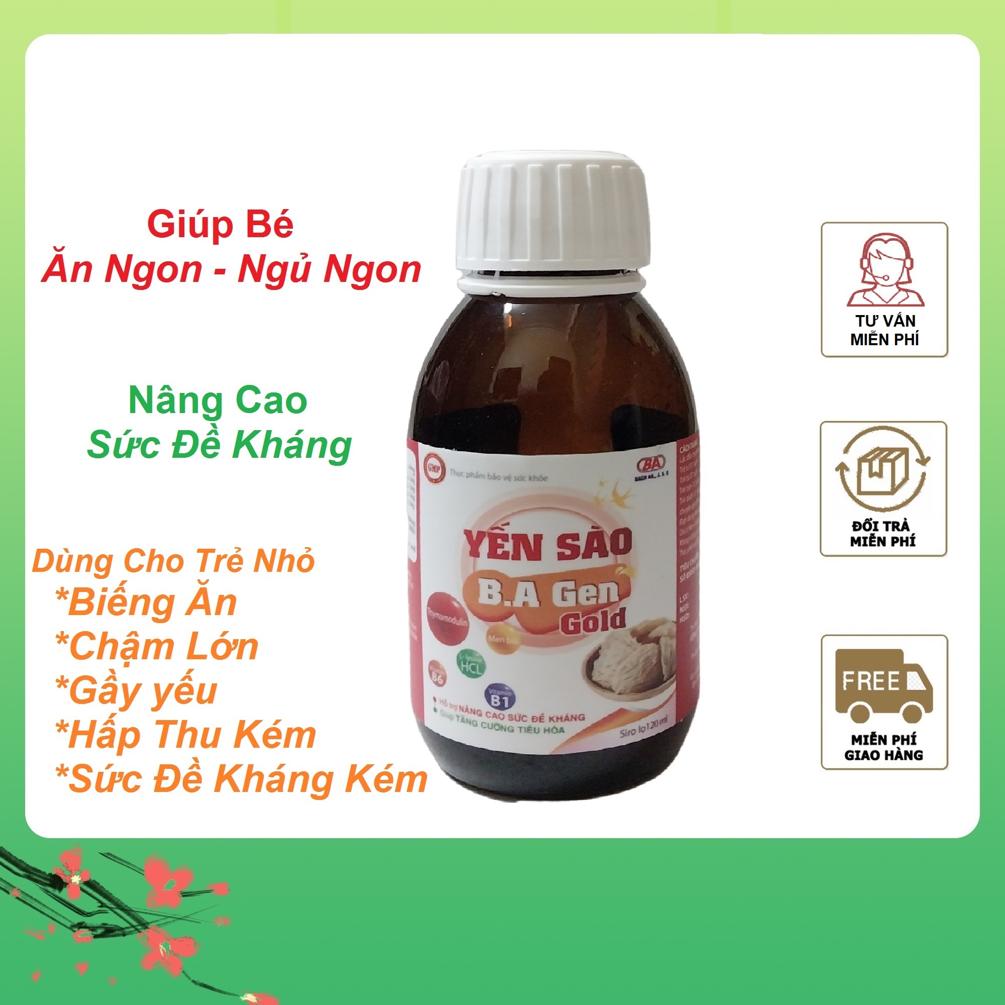 Siro Ăn Ngủ Ngon Cho Bé Biếng Ăn Giúp Bé Tăng Cân Tự Nhiên Kích Thích Hệ Tiêu Hóa Trẻ Giảm Ốm Vặt Hết Biếng Ăn Giảm Táo Bón Tăng Sức Đề Kháng Siro Ăn Ngủ Ngon Yến Sào B.A GenGold 120ml