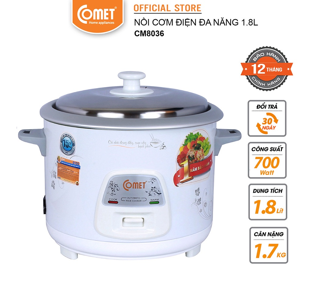 Nồi cơm điện COMET CM8036 nắp rời 1.8L Dành cho 4- Gia nhiêt nhanh, Lòng nồi hợp kim nhôm dễ vệ sinh - Bảo hành 12 Tháng Hàng chính hãng