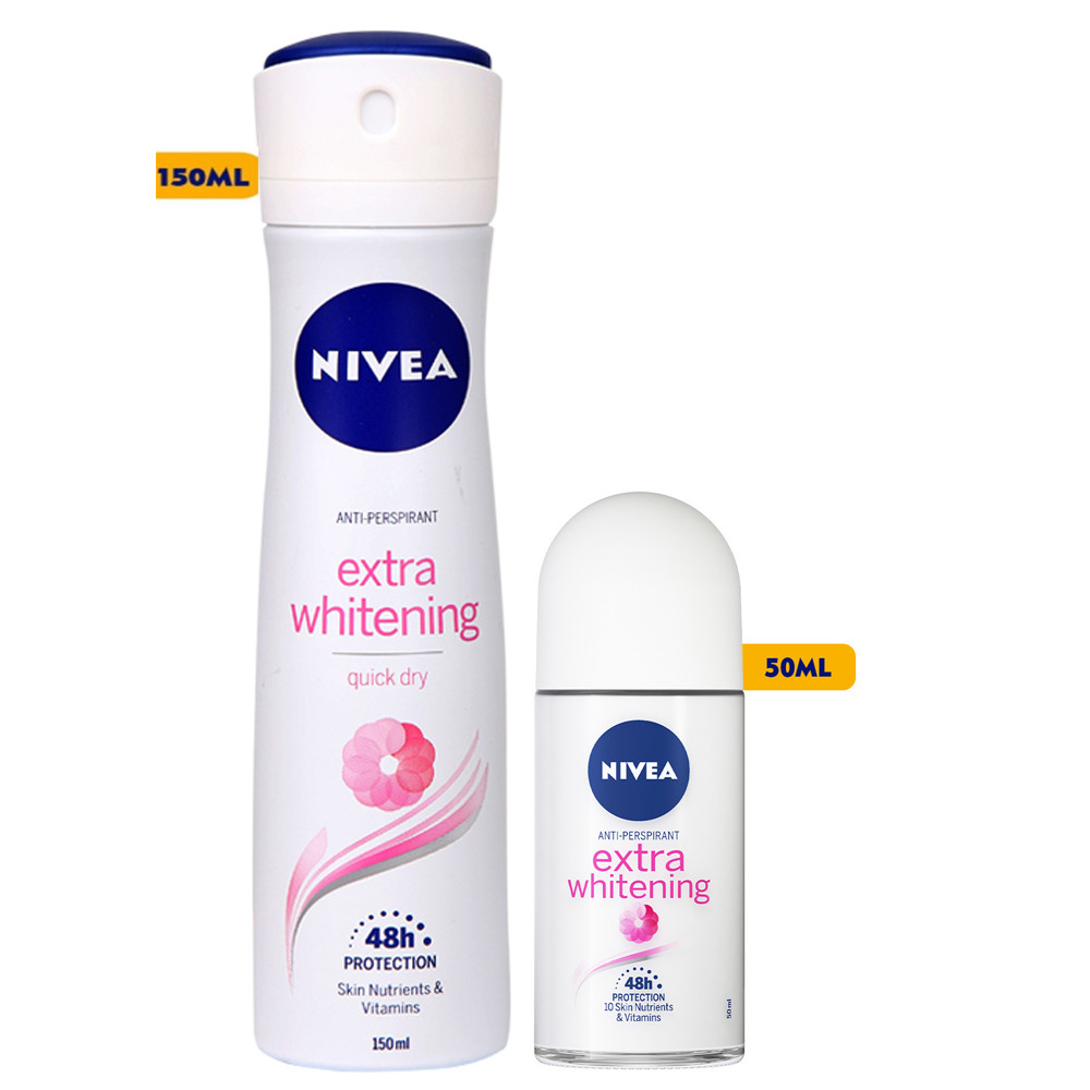 Bộ đôi Lăn ngăn mùi 50ml và Xịt Ngăn Mùi 150ml NIVEA Nữ Extra Whitening Trắng Mịn Mờ Vết Thâm