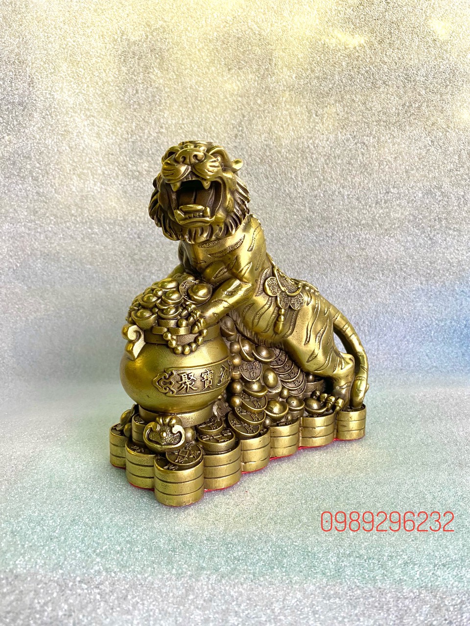 Tượng Hổ Sơn Lâm Phú Quý Đứng Đế Tiền, Hũ Vàng Bằng Đồng cỡ trung - Tượng Hổ phong thuỷ