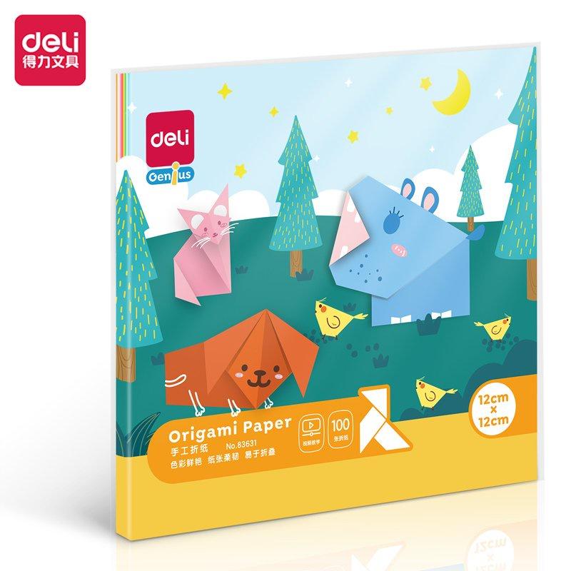 Giấy thủ công 100 tờ học sinh nhiều kích cỡ Deli - Có khổ A4 , giấy gấp origami , giấy gấp hạc hoa động vật - 83631 / 83632 / 83633 / 83634