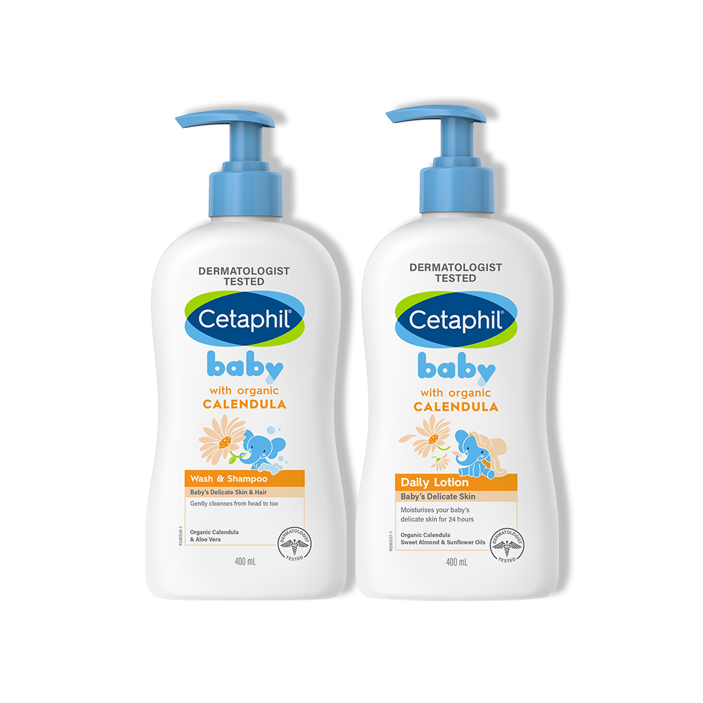 Combo Sữa tắm gội Cetaphil Baby W&S with Organic Calendula 400ml + Sữa dưỡng thể Cetaphil Baby with Organic Calendula 400ml