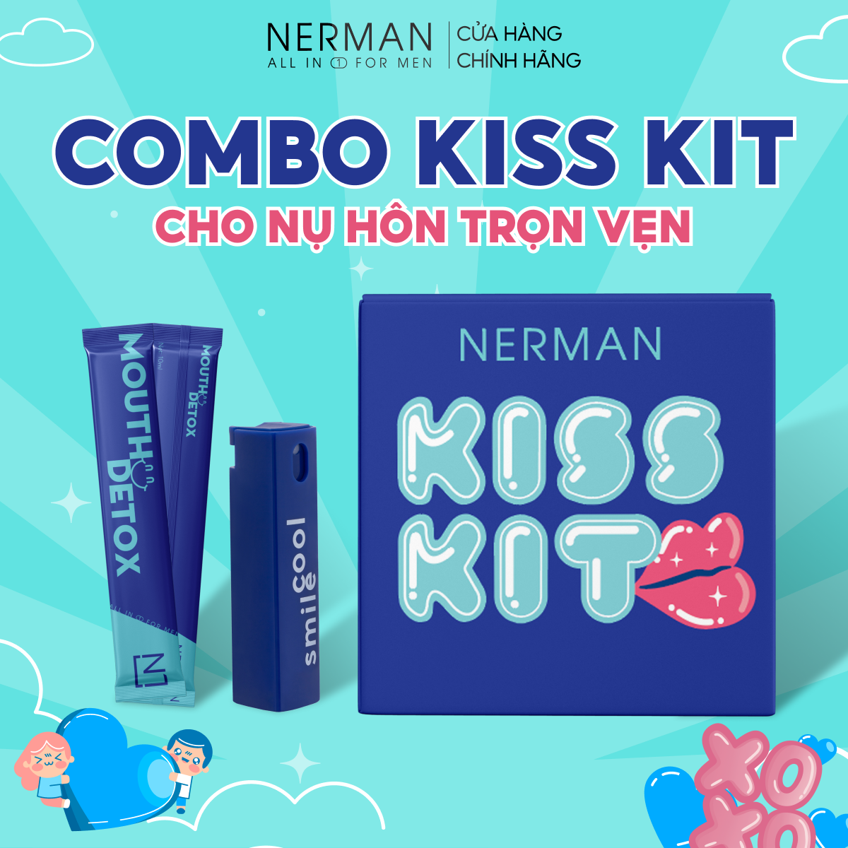 Combo Kiss Kit Nerman - Xịt thơm miệng Spray&Kiss 10ml & 10 gói Nước súc miệng dạng gói Mouth Detox 10ml/ gói