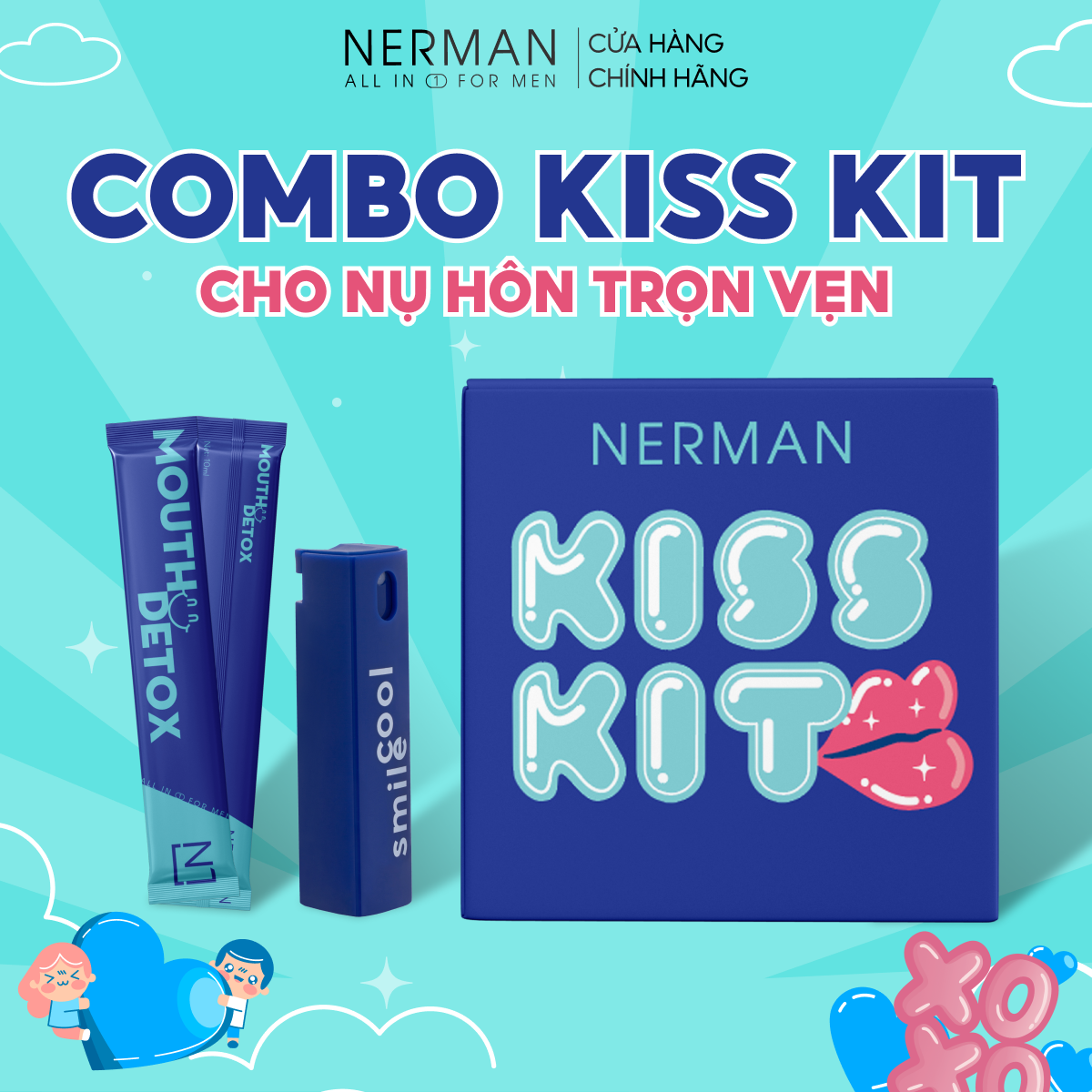 Combo Kiss Kit Nerman - Xịt thơm miệng Spray&amp;Kiss 10ml &amp; 10 gói Nước súc miệng dạng gói Mouth Detox 10ml/ gói [TẶNG 1 CẨM NANG TẬP HÔN