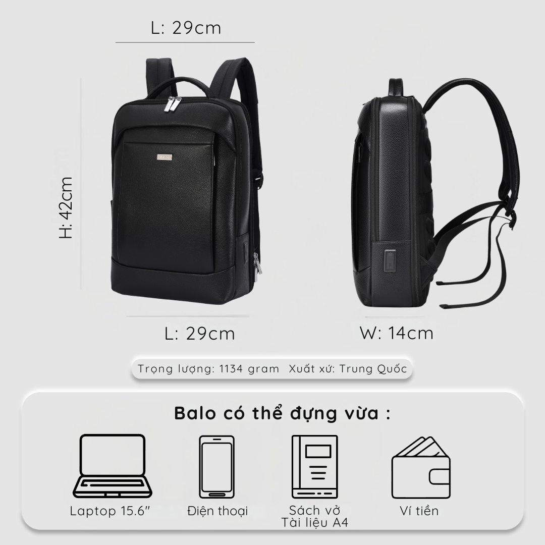 Balo da nam nữ tích hợp cổng sạc USB IDIGO MBP1 - 20001, Balo đựng laptop 15.6 inch da thật cao cấp