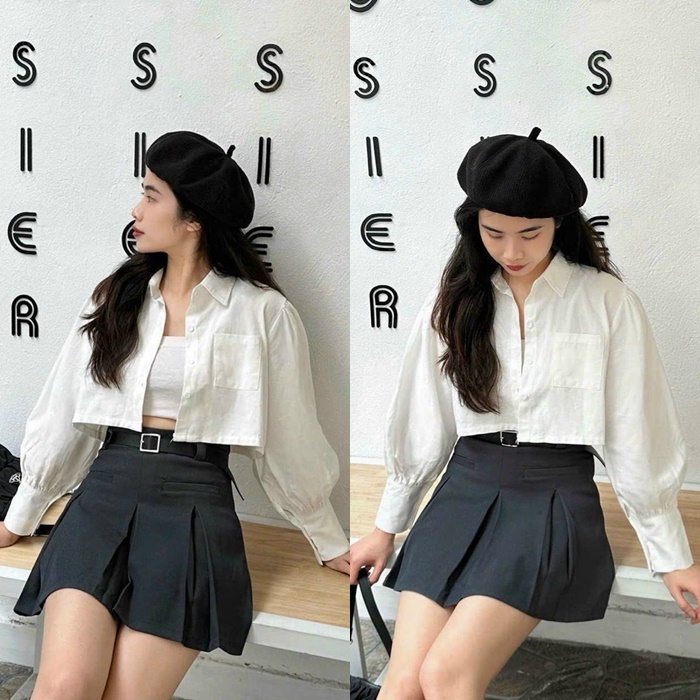 ĐẦM SET ÁO CROPTOP SƠ MI KHOÁC LỬNG TAY DÀI + ÁO ỐNG + CHÂN VÁY NGẮN LƯNG CAO XẾP LY CHỮ A MIDI ĐI TIỆC ĐI CHƠI NOEL DẠO PHỐ GIÁNG SINH ĐI BIỂN