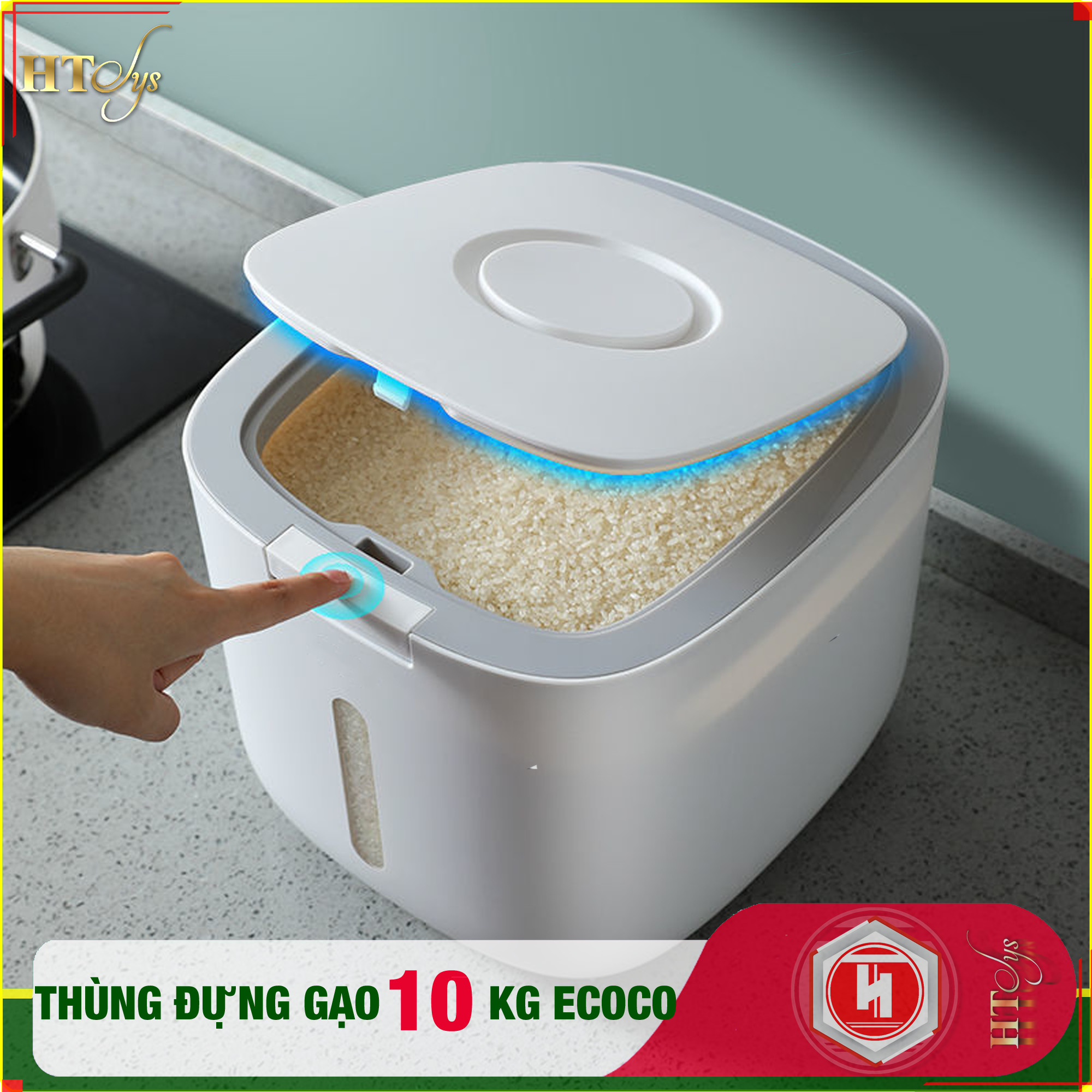 Thùng đựng gạo thông minh ECOCO - E2005 - Thiết kế dạng nhấn nút - Chống kiến - Chống ẩm - Chống mọt - Chất liệu ABS cao cấp+ 01 Vỉ móc Vàng Tài Lộc + 04 Khăn lau siêu thấm