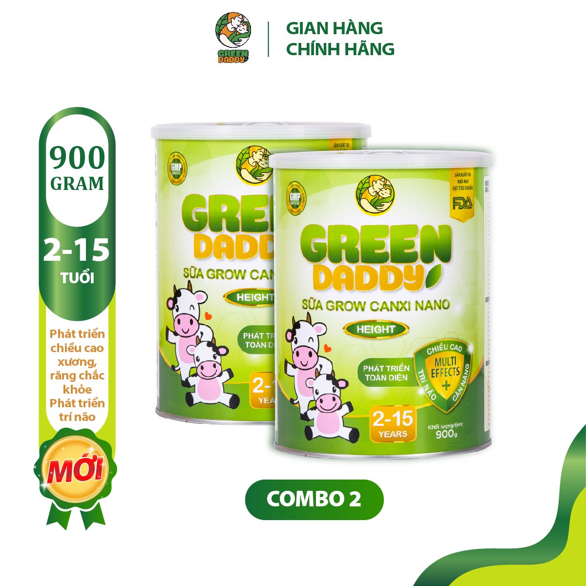 Combo 02 Sữa bột tăng chiều cao Green Daddy Grow canxi nano lon 900g, hỗ trợ phát triển toàn diện, trí não và cân nặng, dành cho bé từ 2 - 15 tuổi