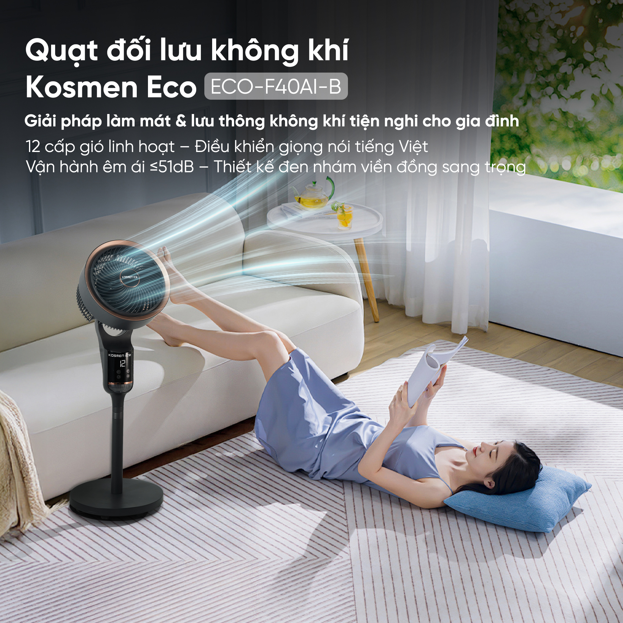 Quạt đối lưu không khí điều khiển bằng giọng nói Kosmen Eco ECO-F40AI-B, quạt thông minh, quạt điện (quạt đứng)