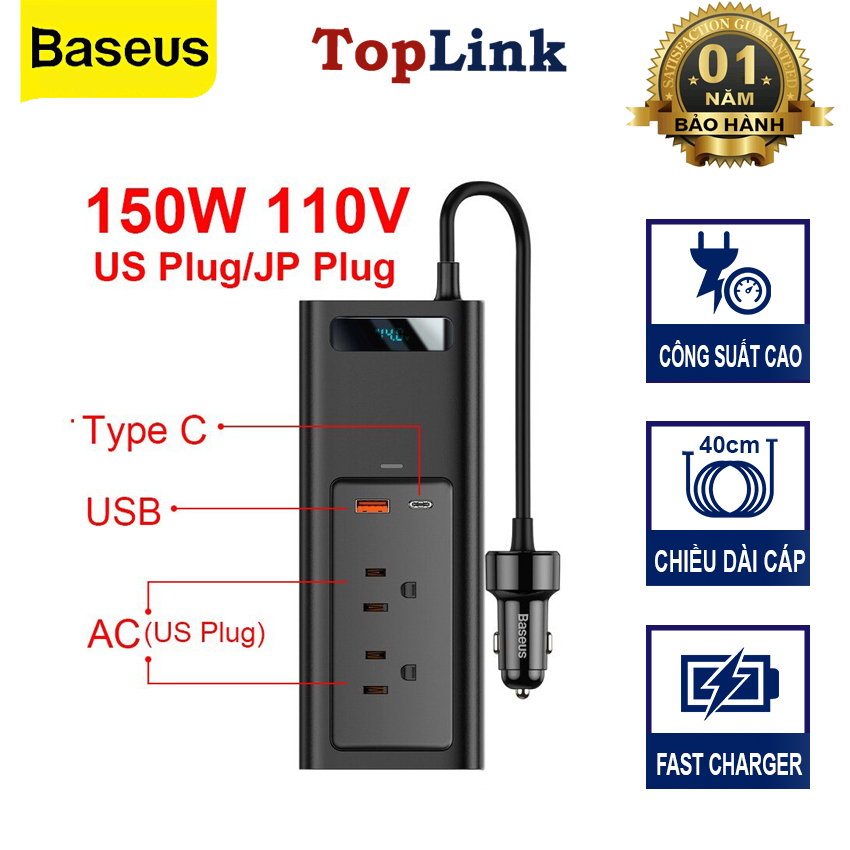Tẩu Sạc Nhanh Đa Năng Trên Ô Tô Baseus Car Inverter 12V, DC 110V - 220v, 150W Phù Hợp Với Mọi Loại Xe Hơi - Hàng Chính Hãng