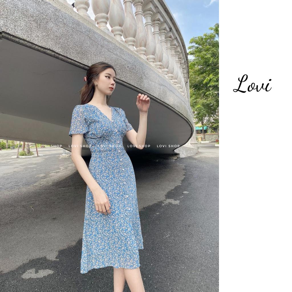 Váy đầm voan hoa nhí thiết kế nút ngọc cổ V phong cách thiểu thư vintage Lovi