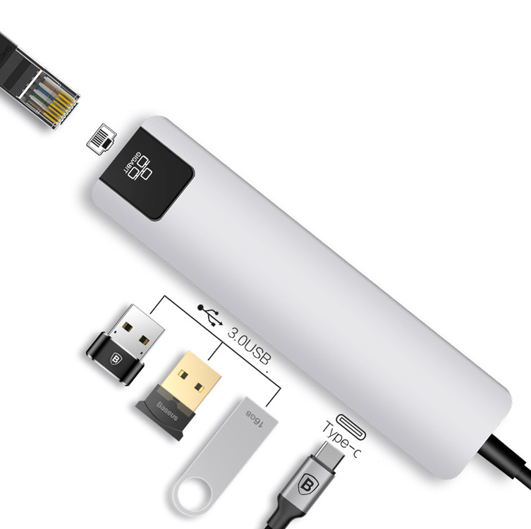 Hub USB Type C 5 in 3 x USB 3.0 / USB Type C / RJ45 - Màu Ngẫu Nhiên