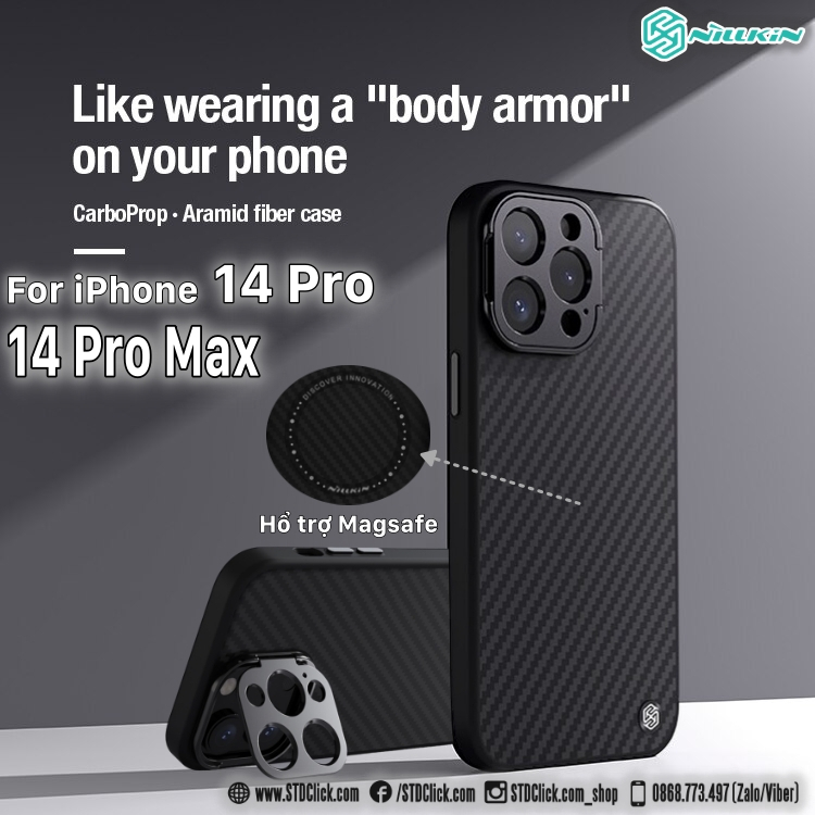 ỐP LƯNG DÀNH CHO ĐIỆN THOẠI IPHONE 14 PRO MAX - 14 PRO NILLKIN CARBOPROP - HỔ TRỢ SẠC TỪ TÍNH KÈM KHUNG BẢO VỆ CAMERA KIÊM GIÁ ĐỠ