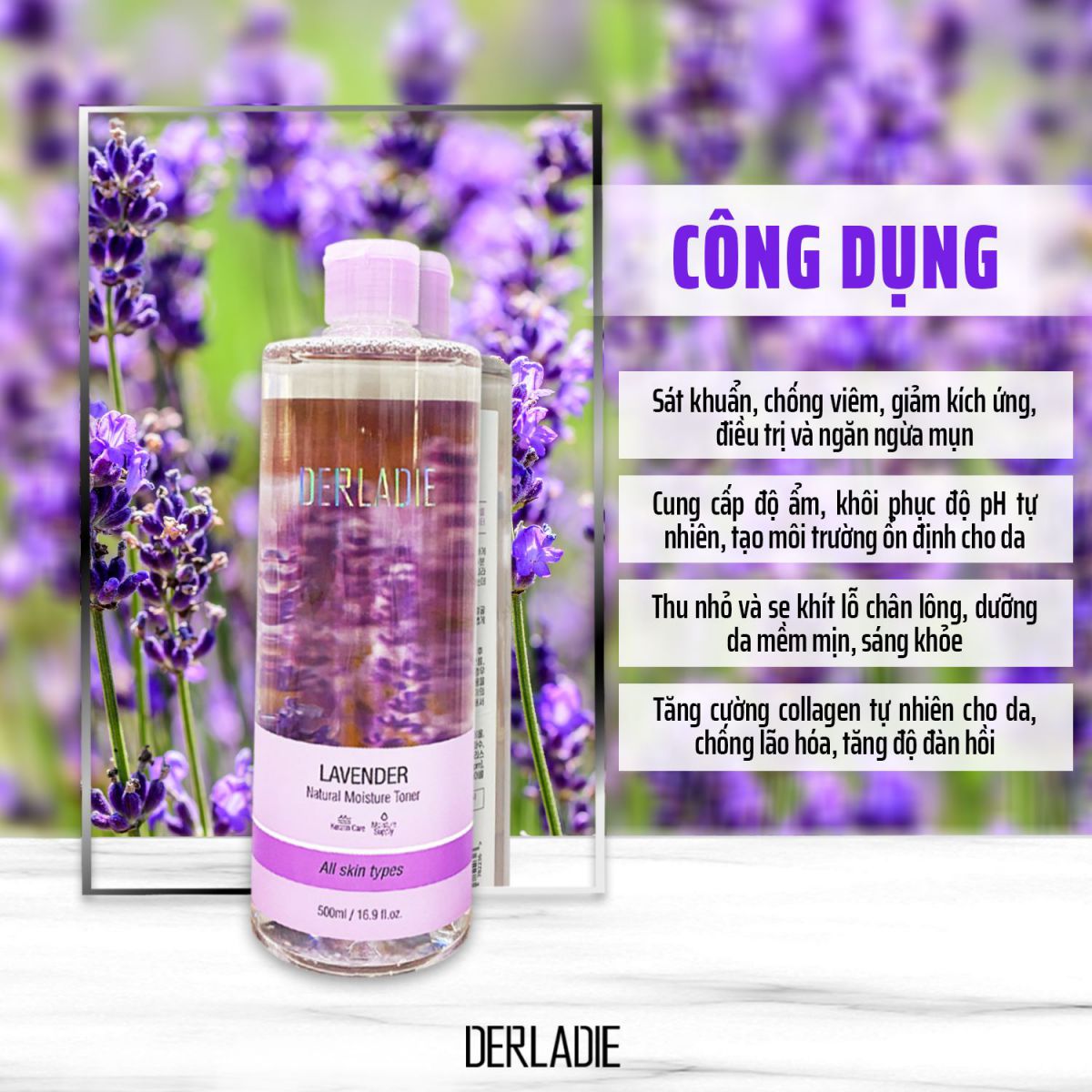 Combo Nước Tẩy Trang và Nước Hoa Hồng Cho Da Dầu Mụn Derladie (Cleansing Water Witch Hazel 500ml + Lavender Toner 500ml)