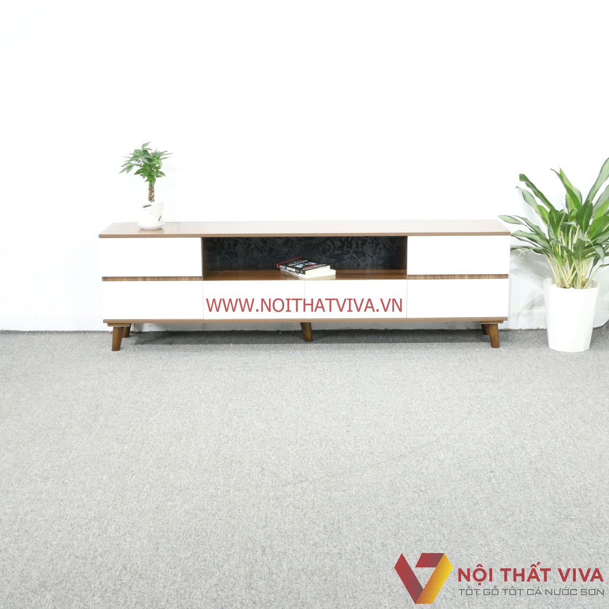 Kệ Tivi Gỗ MDF Melamine Màu Óc Chó 6 Hộc Kéo Trắng Đẹp Hiện Đại