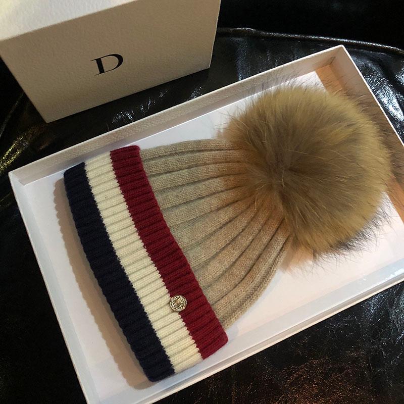 HT026 Mũ Nón Nữ Beanies Mùa Đông Mũ Nón Vành Nữ 100% Gấu Trúc Lông Pompom Nón Nữ Dệt Kim Mũ Lưỡi Trai