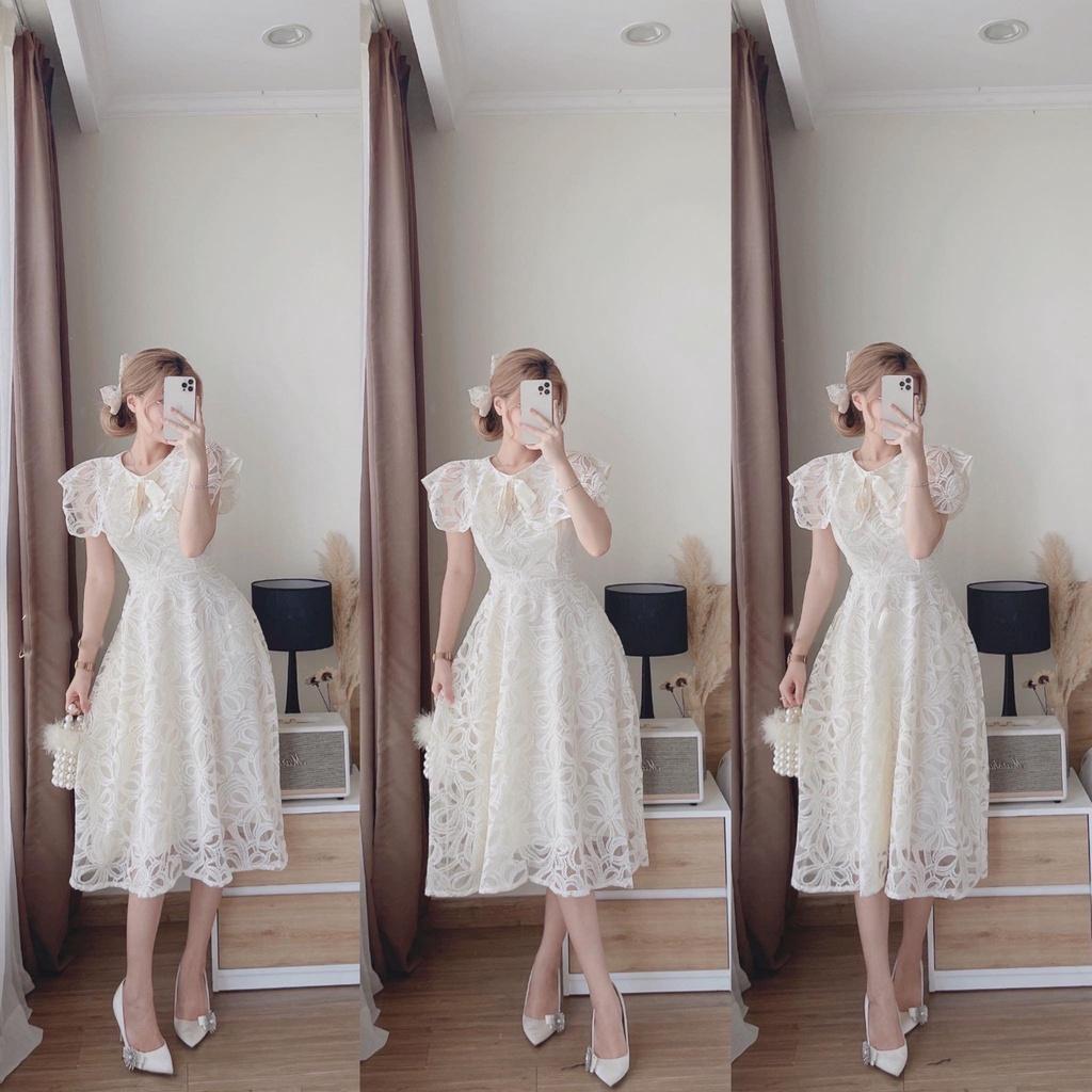 Đầm dự tiệc, dạo phố cổ sen ren đính nơ dáng xòe nhẹ công chúa Prana Dress