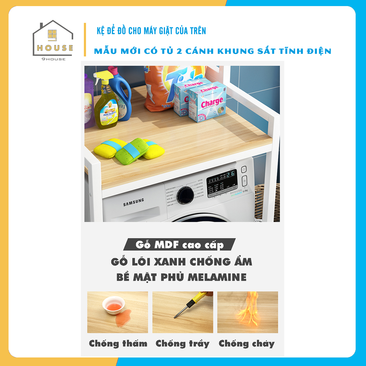 Kệ máy giặt 3 tầng Có Tủ KMG06 thương hiệu 9House,kệ để đồ trên máy giặt loại khung thép dày dặn sơn tĩnh điện chống bong tróc, gỗ lõi xanh phủ melamine chống nước cực bền, ,Sản xuất tại Việt Nam - Hàng chính hãng