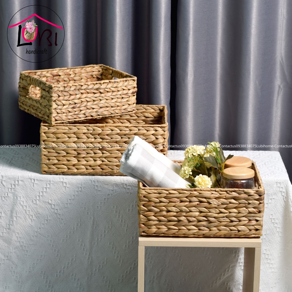Lubihandicraft - Sọt đựng đồ lục bình hình chữ nhật bộ 3 - đơn giản, mộc mạc