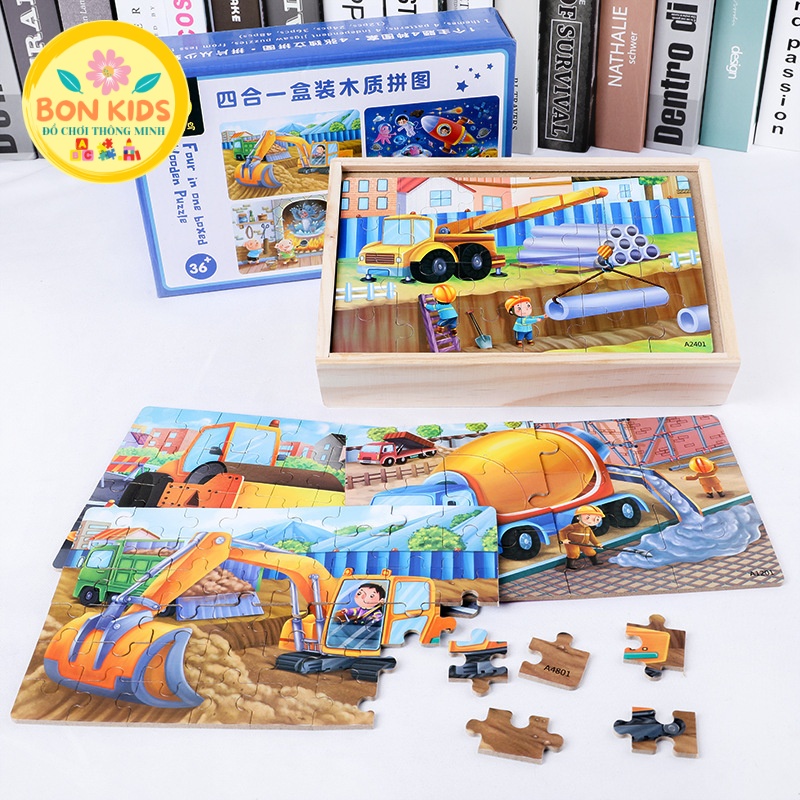 Đồ chơi hộp xếp hình 4 cấp độ Puzzle 12,24,36,48 miếng trong 1 hộp gỗ cho bé