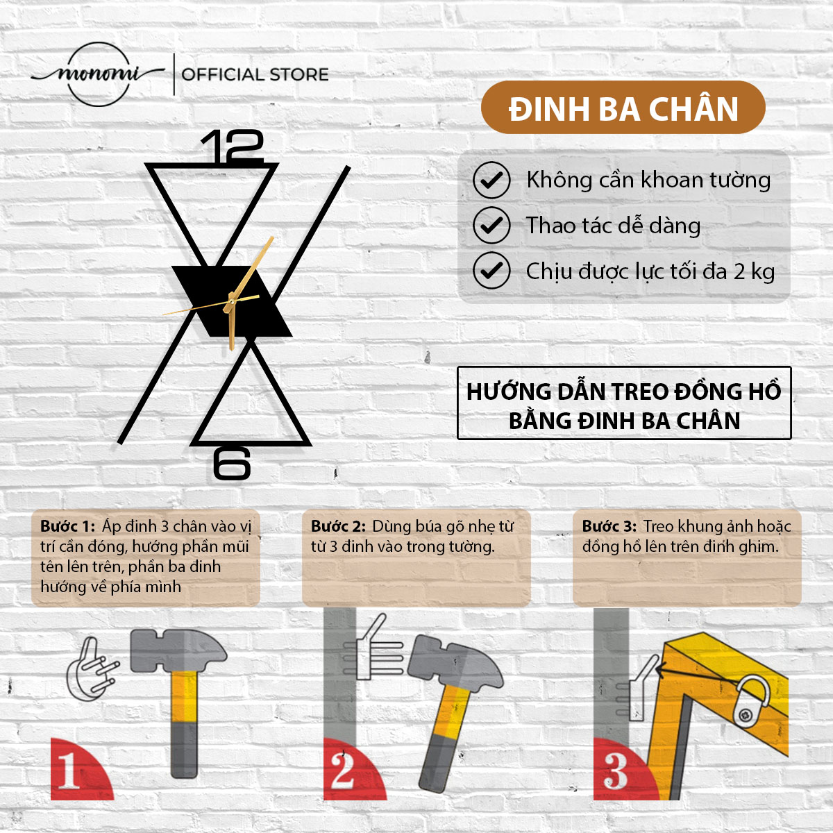 Đồng hồ CNC treo tường tam giác CNC kiểu dáng hiện đại, tối giản - Monomi C017-70cm