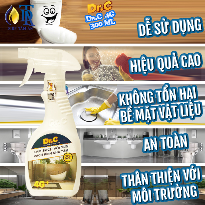 Dung Dịch Tẩy Cặn Canxi, Tẩy Kính, Vòi Sen Inox,Ố Mốc, Bồn Sứ, Chậu Tắm, Gạch Men, Gương Soi, Tẩy Sét - 4G Dr.C 300ml