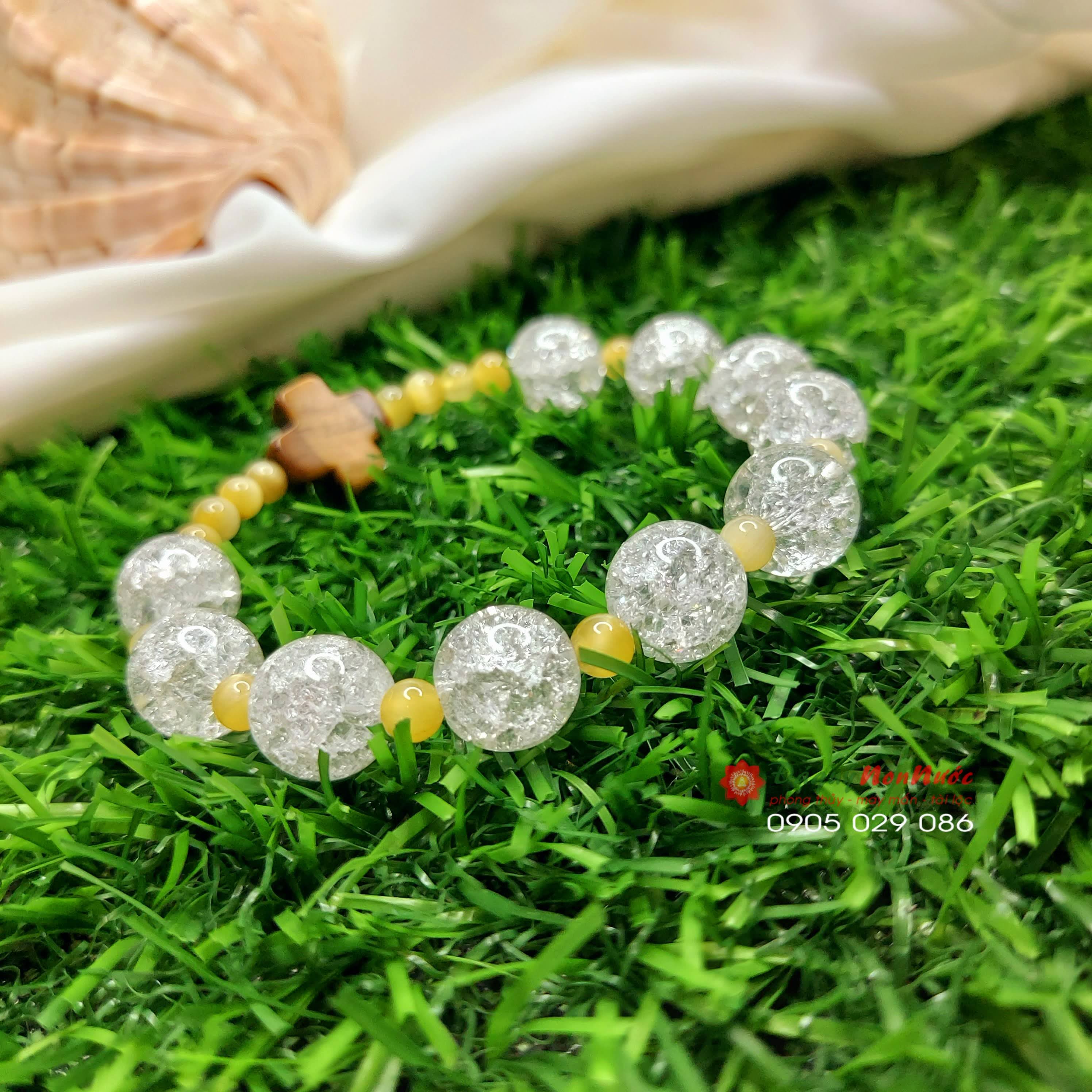 Chuỗi mân côi pha lê trắng mix thánh giá đá măt hổ