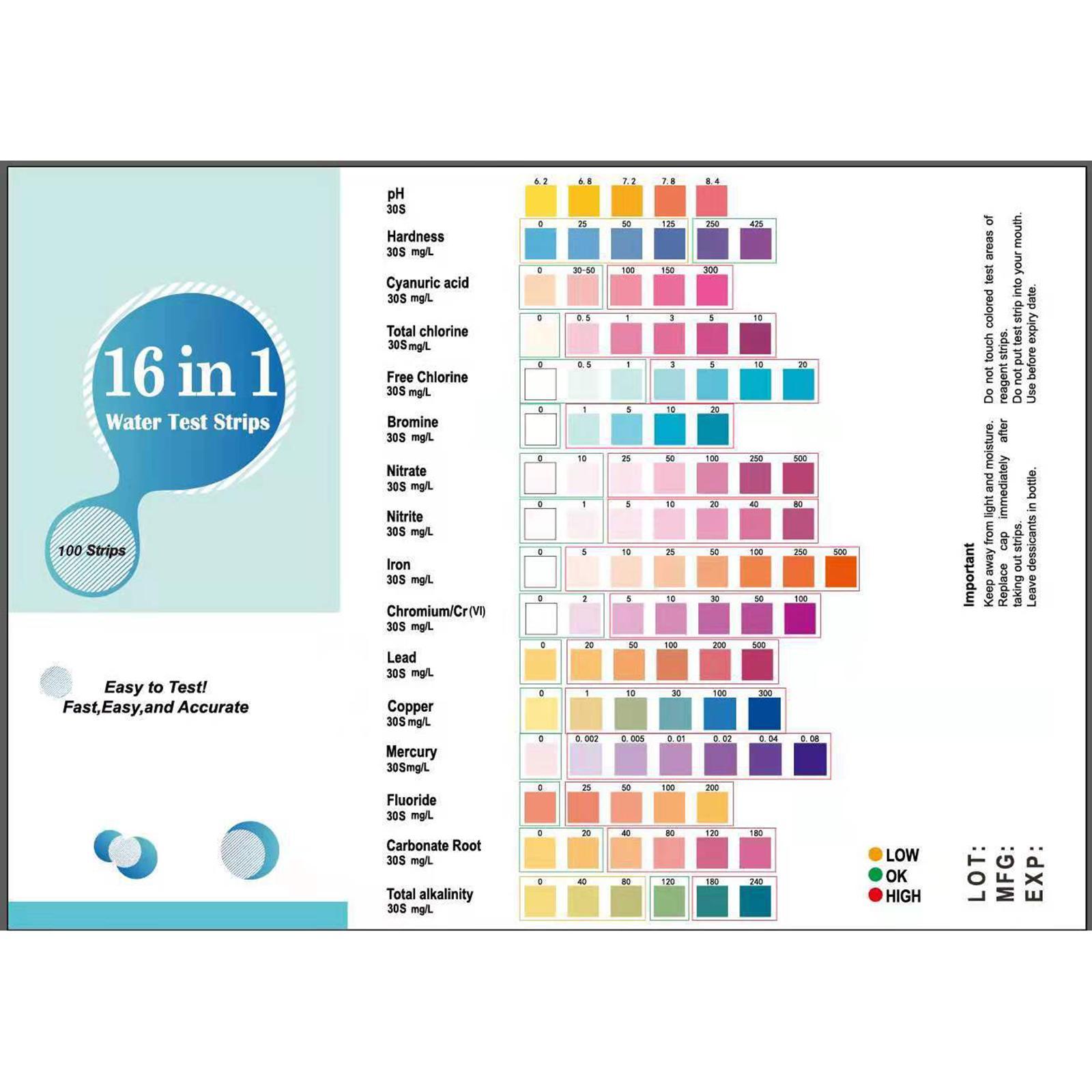 100x Water Test Strips 16 in 1 Multifunctional for Aquarium Swimming Pool