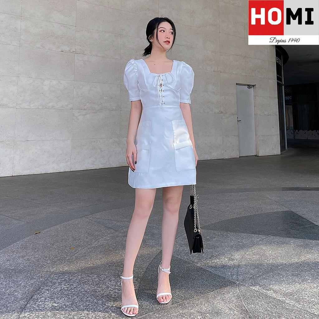 Đầm trắng cổ vuông thắt dây ngực tay phồng Homi Fashion