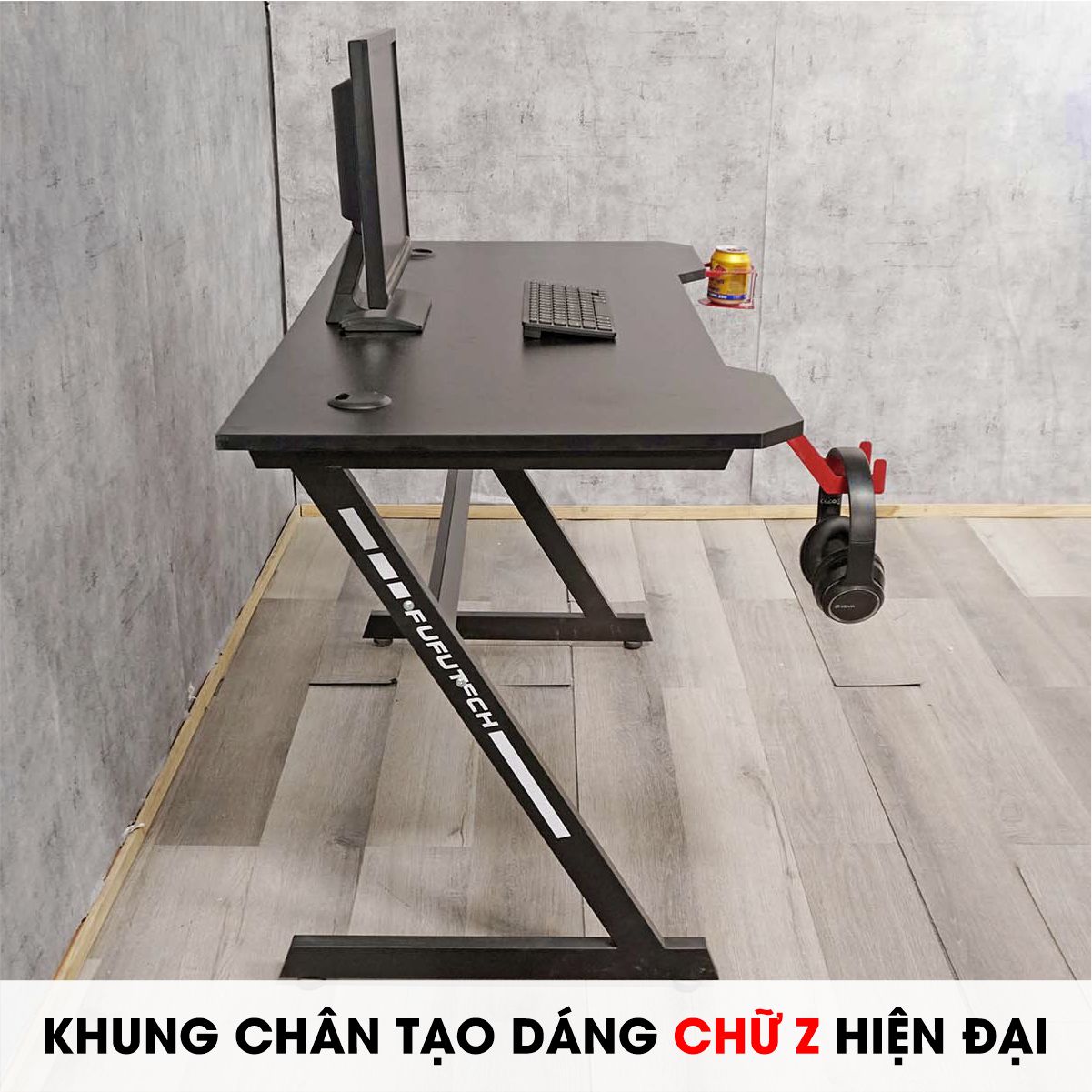 Bàn Máy Tính Chữ Z Gaming Fufutech Có Cắm Sạc USB Nhiều Cổng, Giáp Led 7 Màu Tuỳ Chỉnh, Giá Treo Tai Nghe, Khay Đựng Cốc Dùng Để Máy Tính, Laptop, Làm Việc, Livestreams