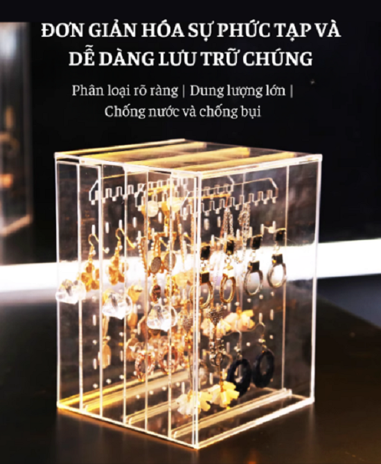 Hộp 3 khay treo trang sức khuyên tai mica trong suốt (khay trong và khay đen giao ngẫu nhiên)