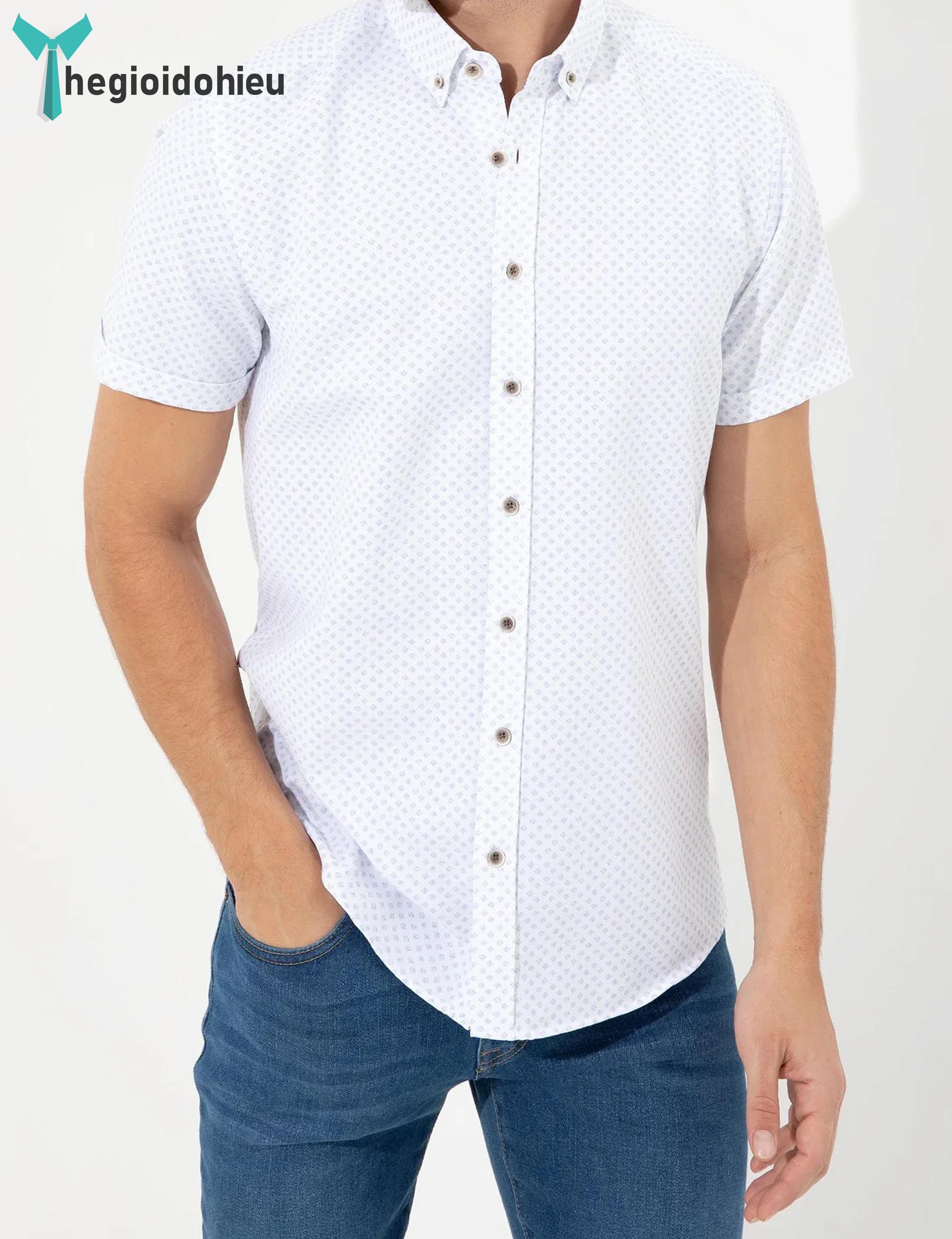 Áo sơ mi nam ngắn tay Pie Cardin PCShirt102 (Trắng họa tiết xanh) - Hàng nhập khẩu - Không túi - Trắng họa tiết