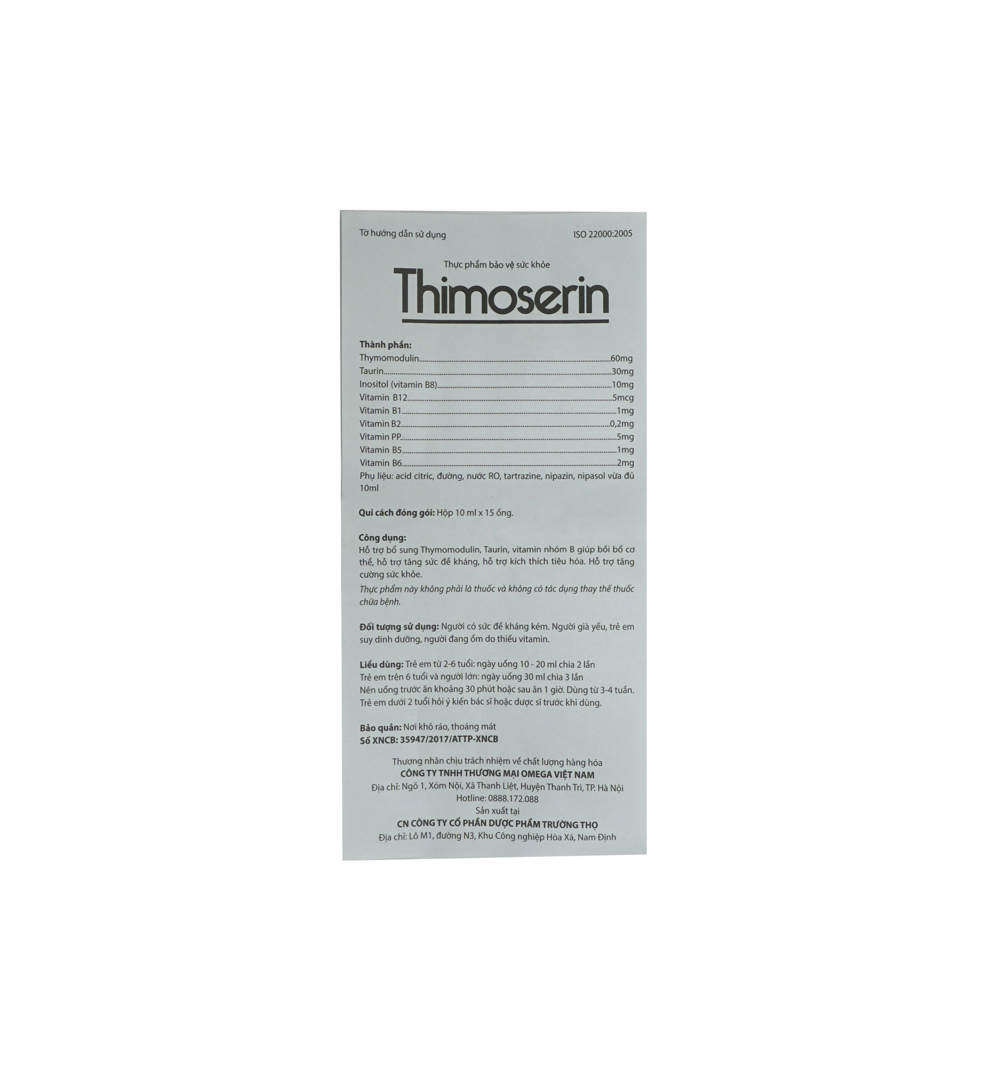 Thực phẩm bảo vệ sức khỏe Thimoserin Hộp 15 ống- Dùng tốt cho người có sức đề kháng kém. Người già yếu, trẻ em suy dinh dưỡng, người đang ốm do thiếu Vitamin
