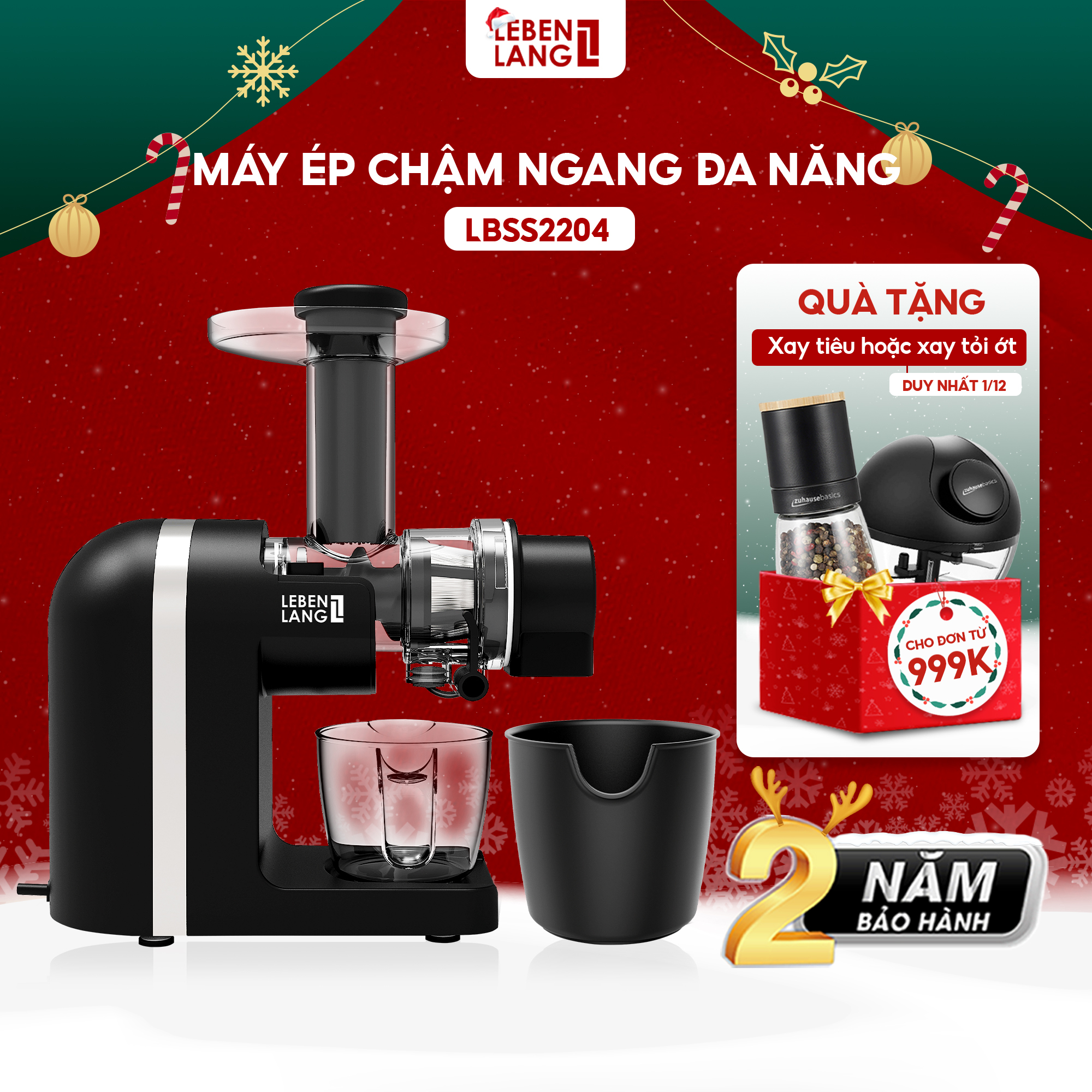 Máy ép chậm đa năng LEBENLANG trục ngang, dung tích 400ml, công suất 200W, model LBSS2204 - hàng chính hãng