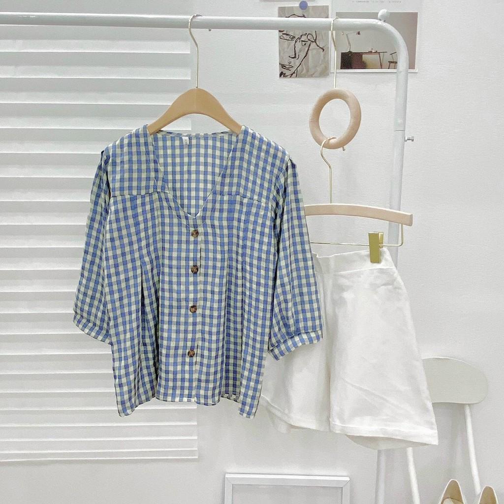 Sét Áo Peplum Caro Xanh Và Quần Short Trắng Áo Kẻ Caro Tay Lỡ Bồng Cổ Chữ V LANI SHOP