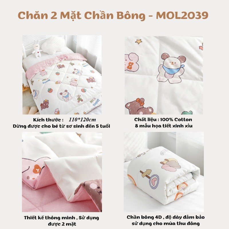 {110*120cm} Chăn Cotton Chần Bông Molli Siêu Nhẹ, Siêu Ấm Cho Bé Họa Tiết Đáng Yêu Cho Bé